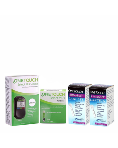 OneTouch Select Plus Simple Glucometer Value-Pack (Free:10 Test Strips + 10 Lancets + 1 Lancing device) with pack of 50 strips + 2 packs of 25 lancets | Simple & Accurate Blood Glucose Testing Meter 
